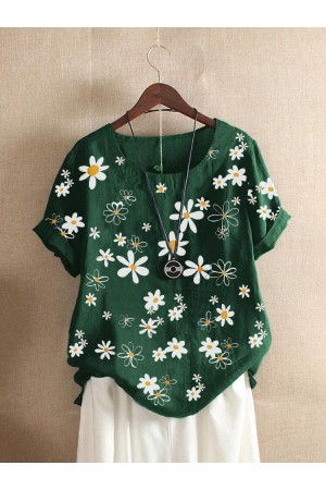 Floral Print Crew Neck Short Sleeve Tshirt For Women