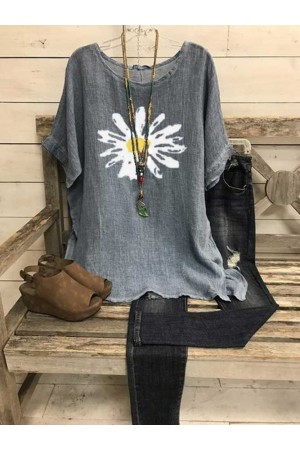 Short Sleeve Crew Neck Shift CottonBlend TShirts