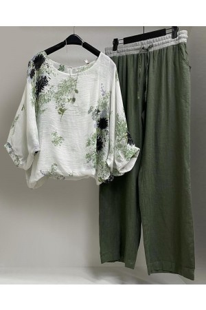 Women's Floral Print Cotton And Linen Casual Twopiece Set