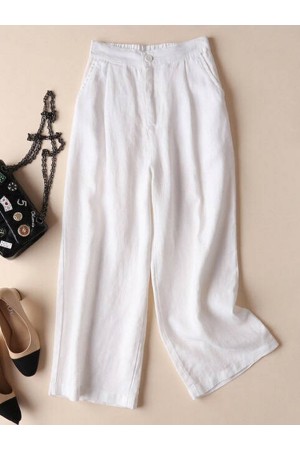Solid Pockets Elastic Linen Casual Straight Pants