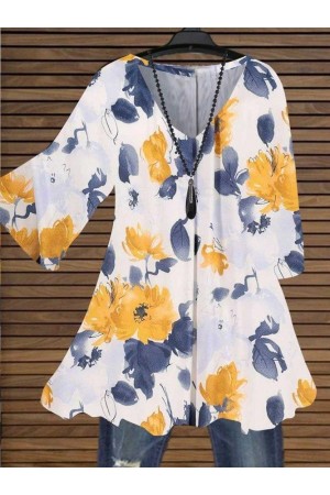 3/4 Sleeve V Neck Cotton Floral Tops Tunics