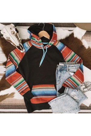 Casual Serape Color Striped Pockets Hoodie