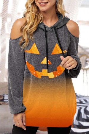 Women's Hoodies Halloween Face Cold Shoulder Hoodie