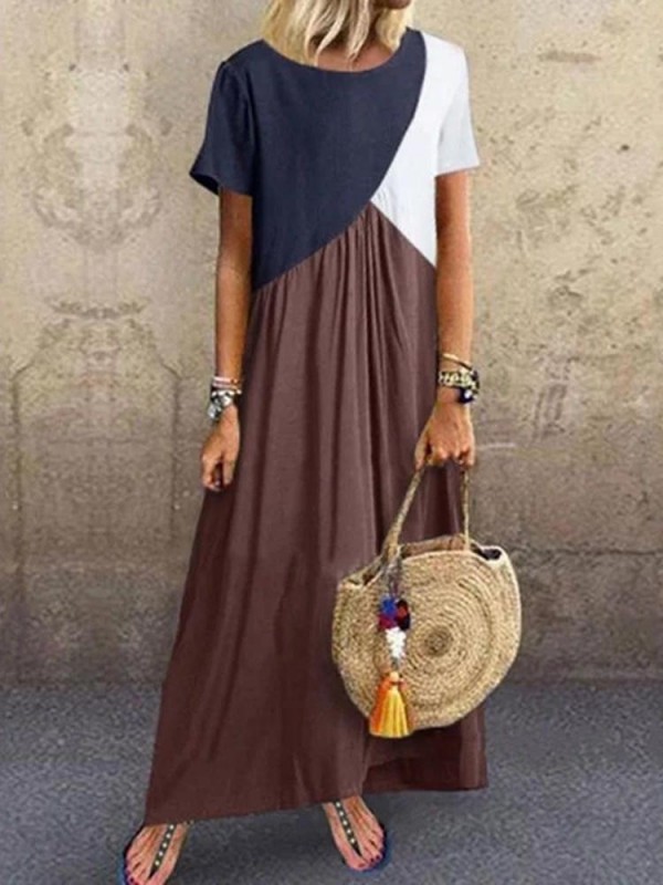 Patchwork Short Sleeve Round Neck Color Block Pullover Dress