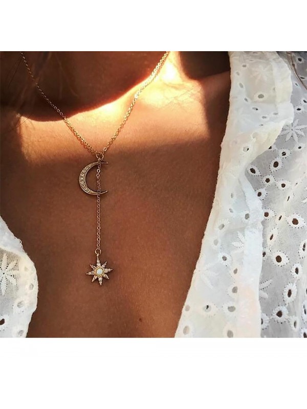 Fashion Bohemian Sun Moon Diamond Pendant Multilayer Necklace Set