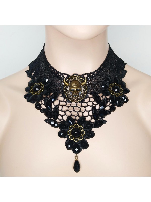 Women's black lace skull Skull Punk Necklace