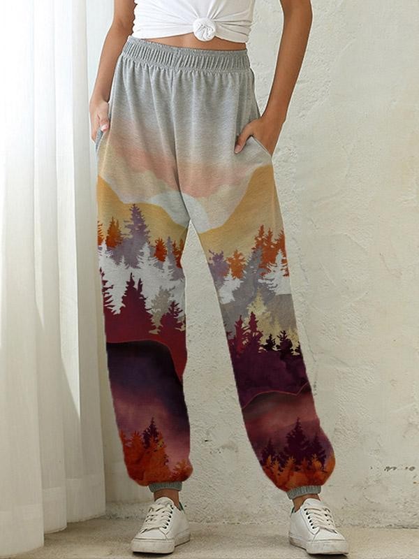 Women's Mountain Treetop Print Pocket Elastic Waist Casual Pants