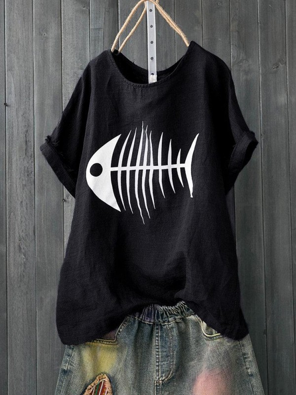Print Fish Bone Casual Short Sleeve Cute TShirt