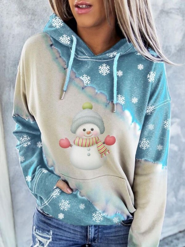 Women's Christmas Snowman Printed Long Sleeve Hooded Color Block Sweatshirt