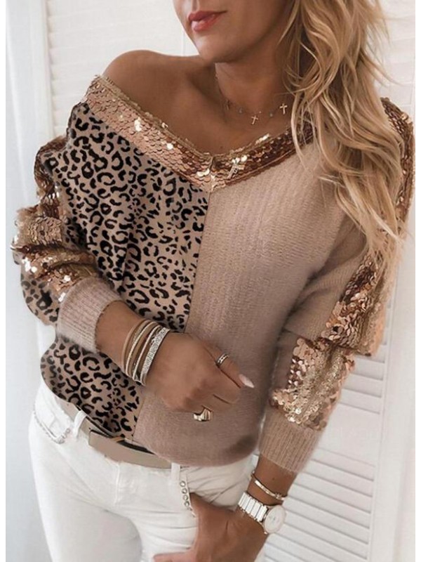 Color Block Leopard Sequins VNeck Casual Sweaters