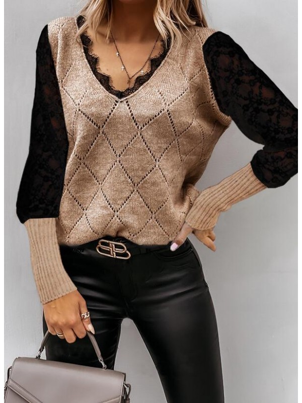 Color Block Lace VNeck Casual Sweaters