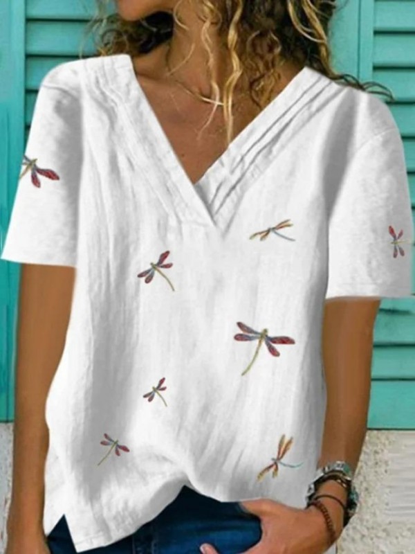 Dragonfly Printed V neck Shift Casual White Shirt Top