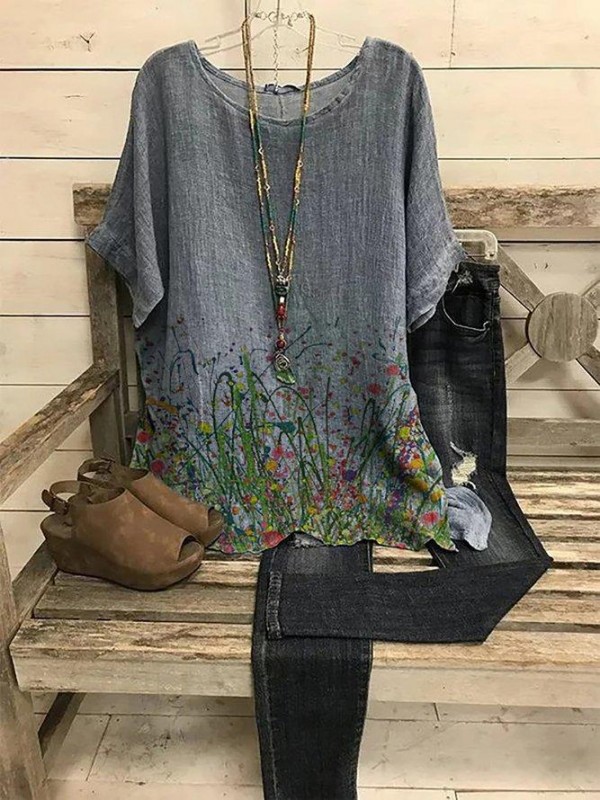 Crew Neck Casual Floral Linen Shirts & Tops