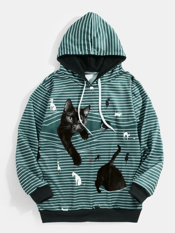Mens Cute Cat Print Horizontal Stripe Relaxed Fit Drawstring Hoodies With Pocket