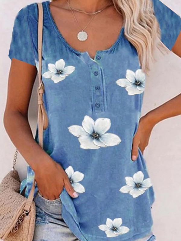 Floral Casual Crew Neck Loosen Buttoned Short Sleeve TShirt