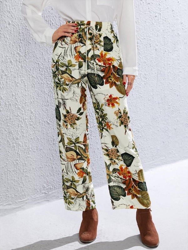 Comfortable Straightleg Pants with Floral Drawstring