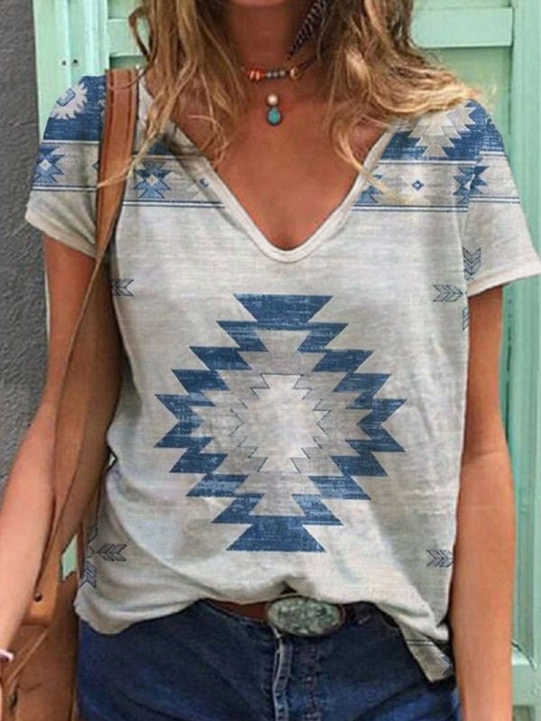 Vintage Printed Casual Vneck Shortsleeved Loose Tshirt