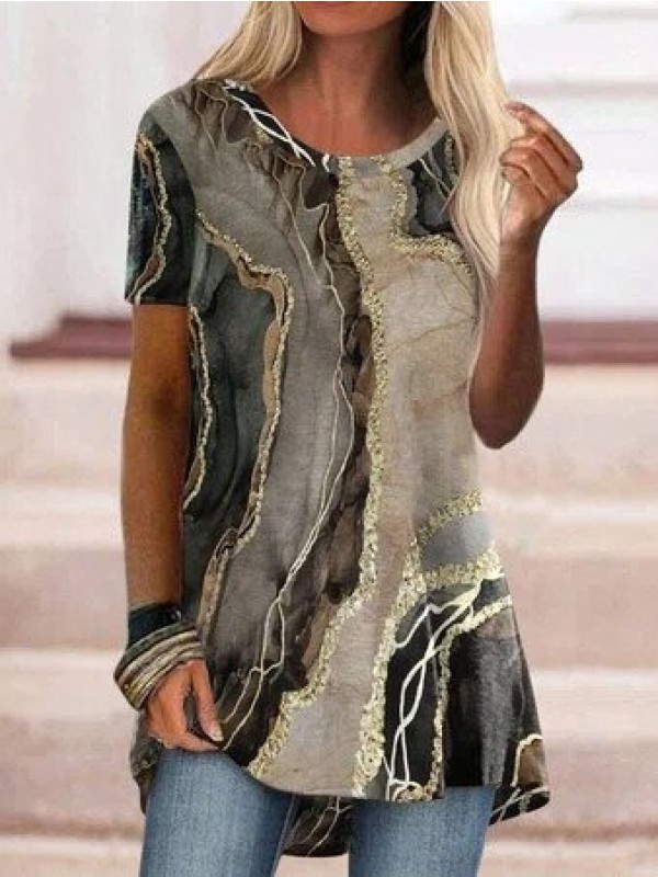 Marbling Print Crew Neck Short Sleeves Tops