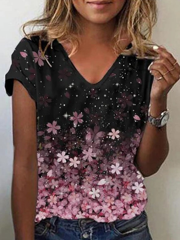 Gradient Sakura Print Vneck Short Sleeves Tshirt