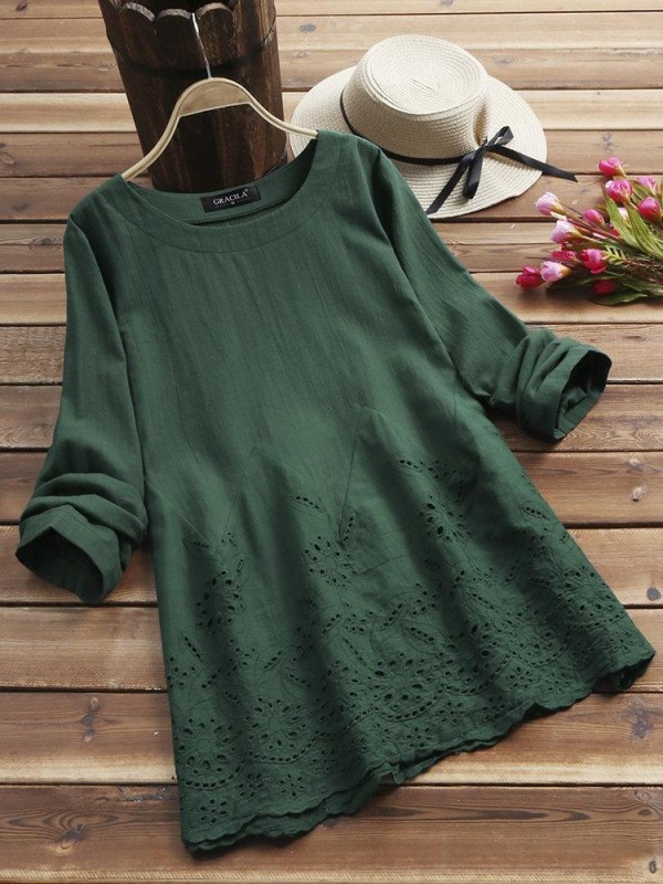 Hollow Long Sleeve Embroidered Oneck Vintage Blouse