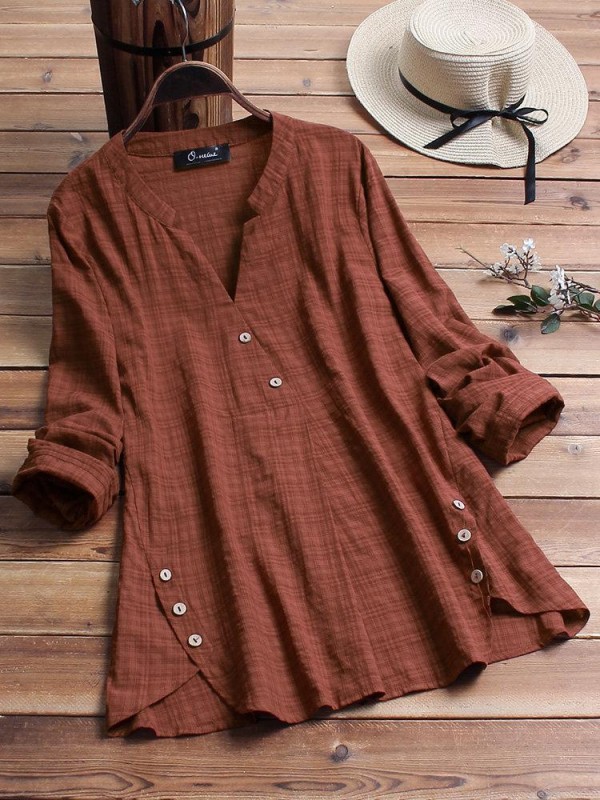 Vintage Plaid Side Button Vneck Long Sleeve Plus Size Shirt
