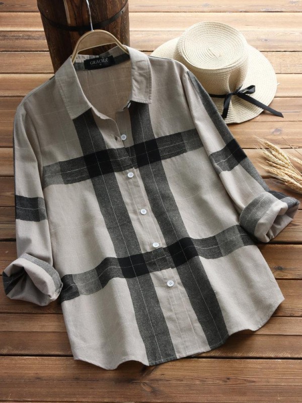 Vintage Plaid Long Sleeve Turndown Collar Shirt