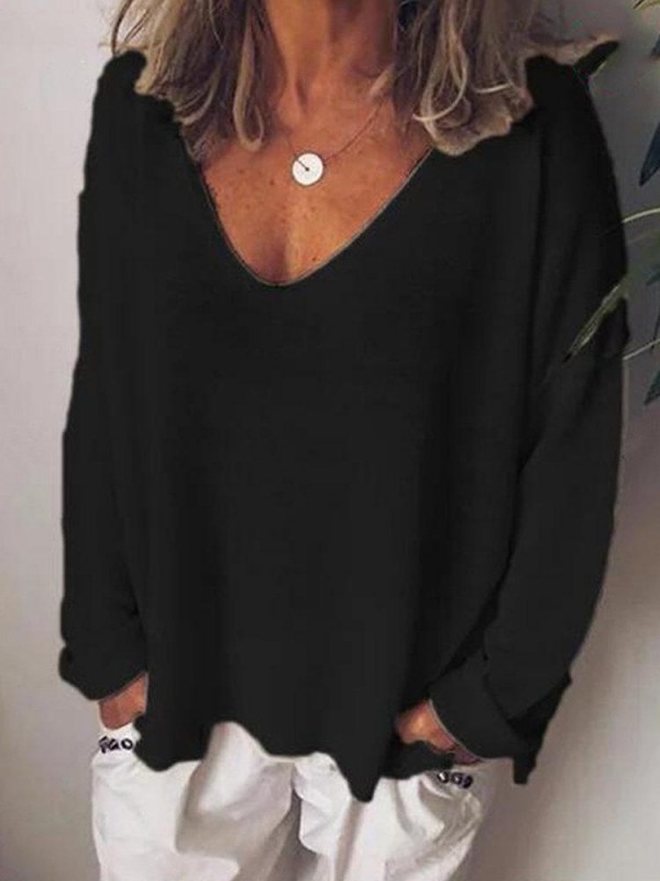 Long Sleeve Solid Color Vneck Casual Blouse