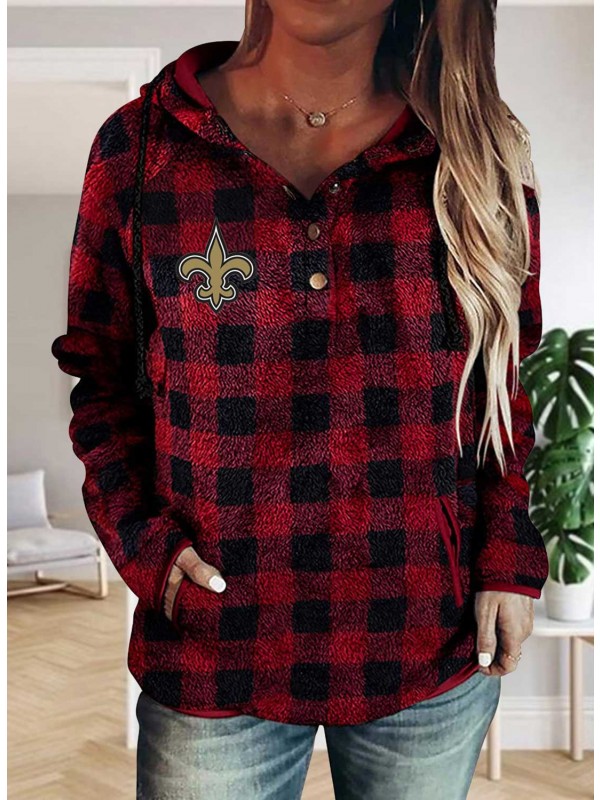 Women's Hoodies Drawstring Long Sleeve Plaid Button Casual Hoodies With Pockets