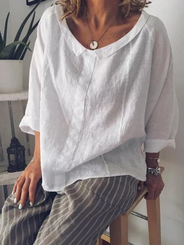 Lapel Solid Color Loose 3/4 Sleeve Casual Blouse