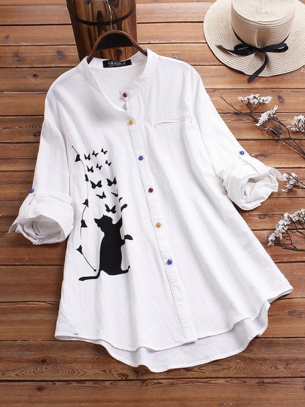 Cat Print Long Sleeve Blouse Colorful Button Shirt