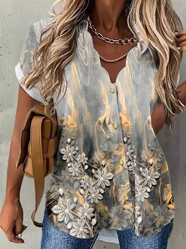 Floral Print Vneck Short Sleeves Blouse