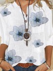 Half Sleeve Floral V Neck Shift Blouse